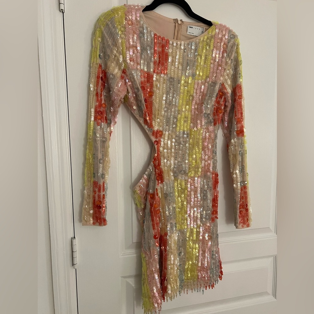 ASOS LUXE rainbow embellishment cut out mini dress in multi